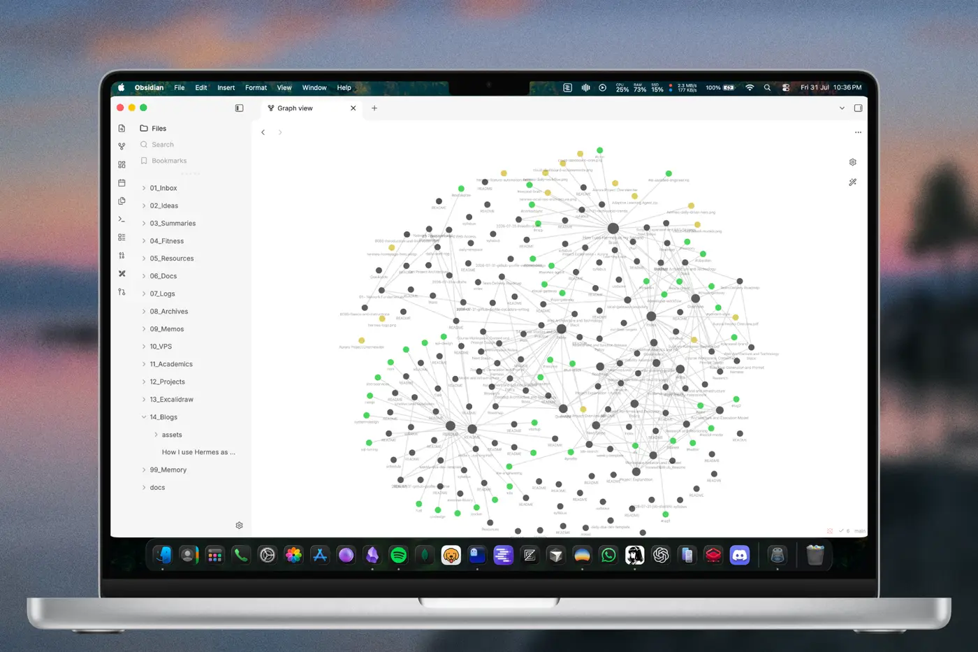 Obsidian graph view of my linked notes, projects, resources, and durable context